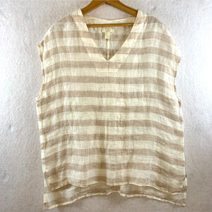 St Tropez West Womens Linen‎ Blouse Sz L Striped Nautical Airy Lagenlook Coastal